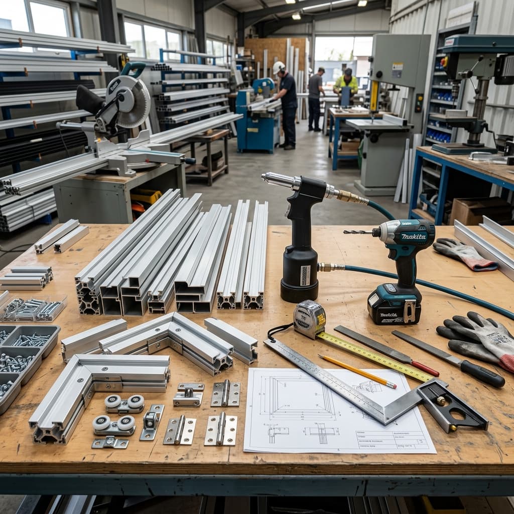 Industrial aluminium profile extrusions, corner cleats, window rollers, hinges and fabrication tools on assembly workbench