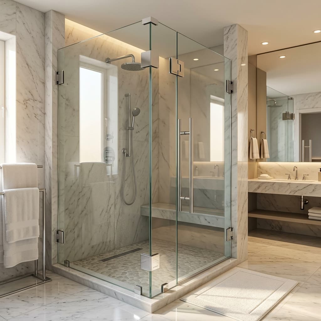 Luxury hotel bathroom glass shower enclosure with solid brass chrome hinges, glass patch fittings, and stainless steel door handles