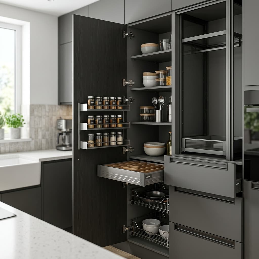 Modern modular cabinet interior featuring aluminium G-profile handle extrusions, wardrobe frame channels, concealed hinges and fittings