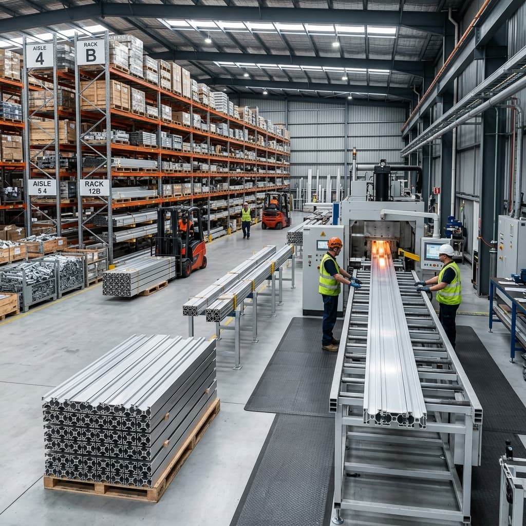 Heavy industrial sliding door hardware and aluminium structural assemblies in warehouse